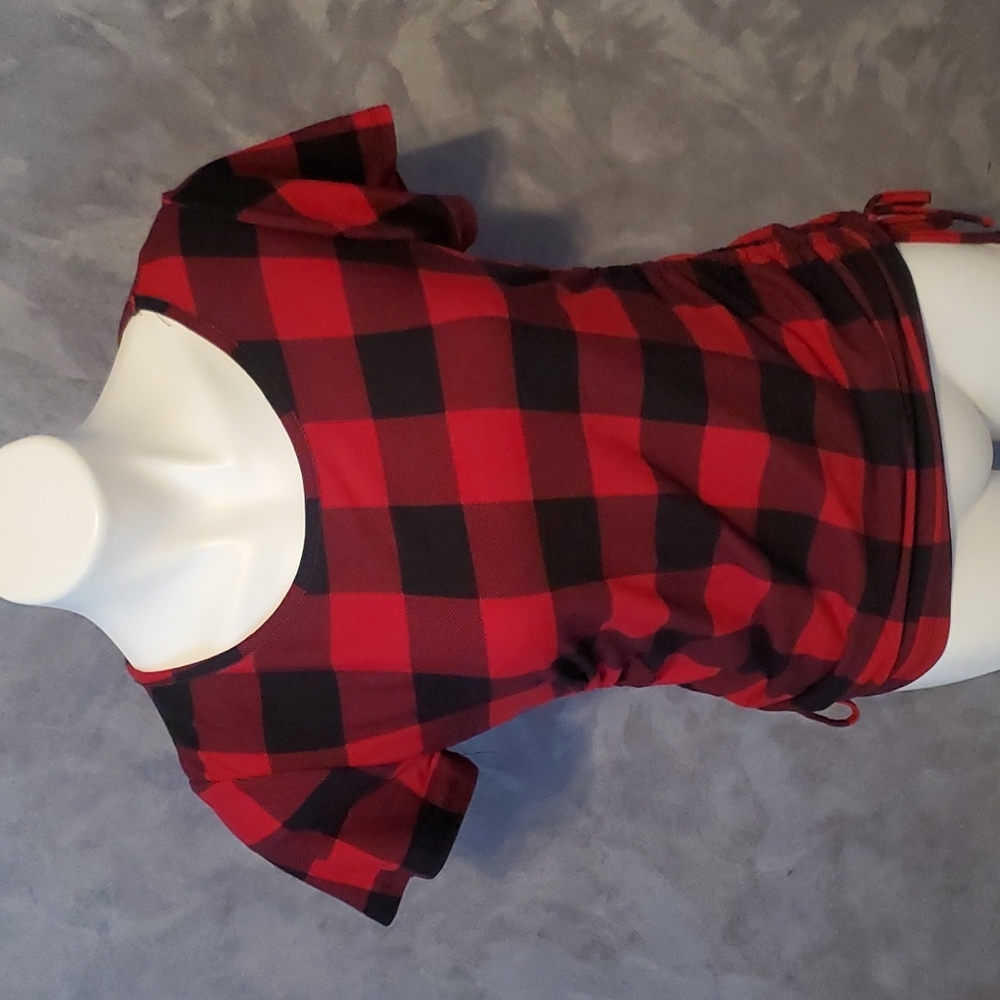 No Comment NY•LA Red Plaid SHORT sleeve Blouse LG